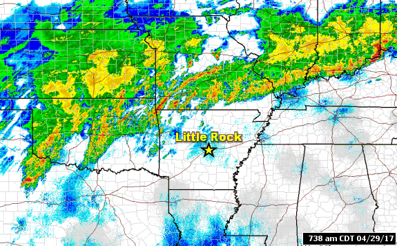 The WSR-88D (Doppler Weather Radar) showed rain mainly to the north of Arkansas during the morning of 04/29/2017. Only northwest sections of the state were receiving appreciable precipitation. Showers and thunderstorms slowly shifted into the region during the afternoon.