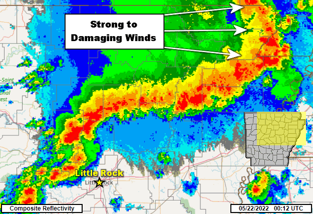 The WSR-88D (Doppler Weather Radar) showed a bow echo (backward C-shaped line of storms) producing strong to damaging winds in northeast Arkansas at 712 pm CDT on 05/21/2022. Storms were concentrated across the the northern counties during the afternoon and early evening, and in central and southern sections of the state after dark.