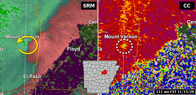 Storm relative velocity map (SRM) images via the WSR-88D (Doppler Weather Radar) showed rotation in a storm as it tracked through western White County between 111 am and 118 am CST on 11/15/2020. The rotation was generally shallow and broad, but briefly tightened by 113 am CDT along Highway 5 north of El Paso (White County). From there, debris was noted in correlation coefficient (CC) images east of the circulation toward Floyd (White County). A weak tornado (rated EF1) was confirmed near Romance (White County).