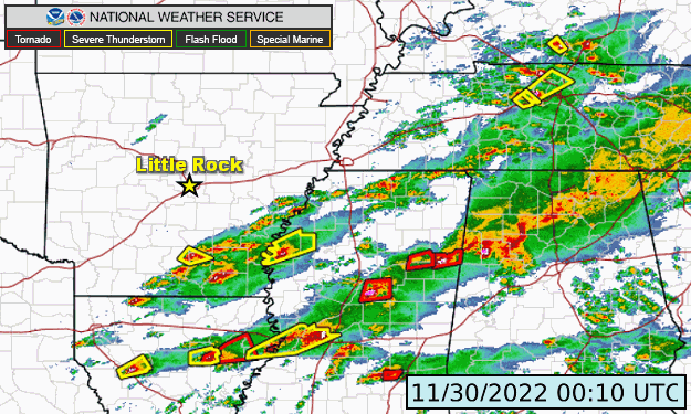 The WSR-88D (Doppler Weather Radar) showed strong to severe thunderstorms from northern Louisiana to central Tennessee and southern Kentucky at 610 pm CST on 11/29/2022 or 0010 UTC on 11/30/2022 (more on UTC time). Several Tornado and Severe Thunderstorm Warnings were in effect.