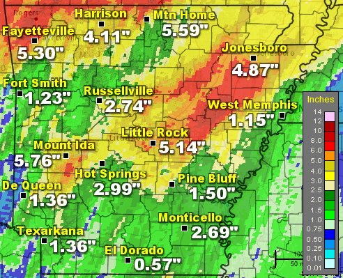 Fifty four hour rainfall through 100 pm CDT on 04/30/2017. A few of the totals are estimated.