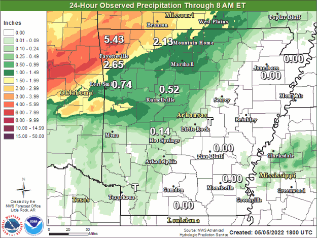 Forty eight hour rainfall (shown in twenty four hour increments) through 700 am CDT on 05/06/2022. Precpitation amounts exceeded four inches in portions of northwest and southern Arkansas.