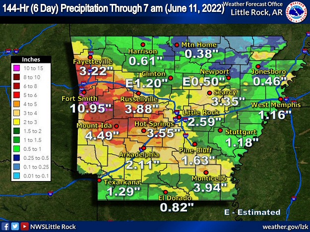 One hundred forty four hour (six day) rainfall through 700 am CDT on 06/11/2022.
