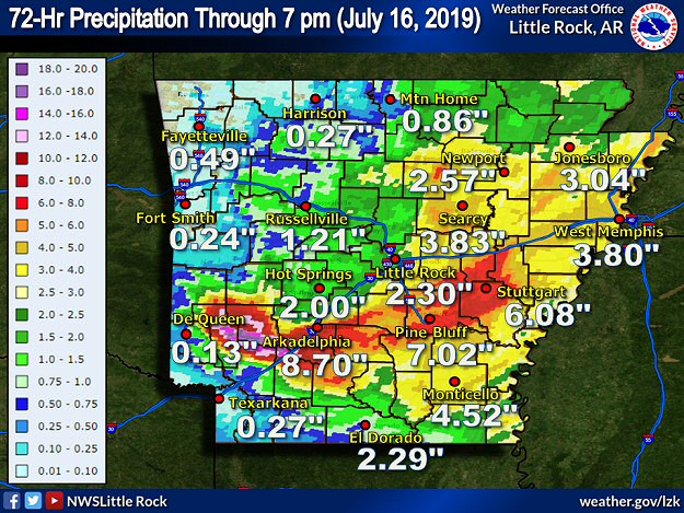 Seventy two hour rainfall through 700 pm CDT on 07/16/2019.