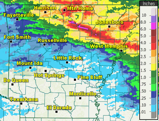 More than five inches of rain dumped in portions of northern/eastern Arkansas late on 08/09/2023 and early the next morning. It was a similar story from west central into southwest sections of the state going back a couple of days.