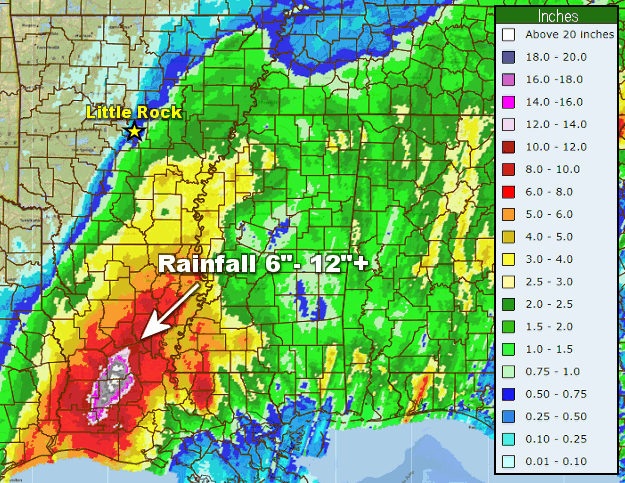Several inches of rain dumped in southeast Arkansas in the forty eight hour period (shown in twenty four hour increments) ending at 700 am CDT on 10/11/2020.