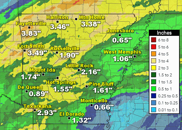 From Dec 17-18, more than a few inches of rain was recorded across northern AR. Elsewhere, amounts ranged from less than one quarter inch to an inch and a half.