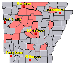 Preliminary reports of snow in the Little Rock County Warning Area on January 15-16, 2022 (in red).