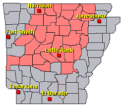 Preliminary reports of severe weather and wintry precipitation in the Little Rock County Warning Area on February 22-25, 2022 (in red).