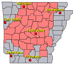 Preliminary reports of snow in the Little Rock County Warning Area on March 11-12, 2022 (in red).
