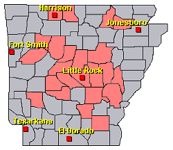 Preliminary reports of severe weather, heavy rain, and flash flooding in the Little Rock County Warning Area on April 11-13, 2022 (in red).