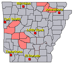Preliminary reports of severe weather and heavy rain in the Little Rock County Warning Area on April 15-16, 2022 (in red).