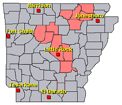 Preliminary reports of severe weather in the Little Rock County Warning Area on May 21, 2022 (in red).