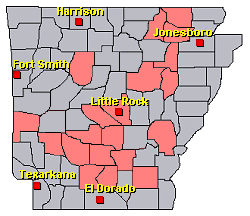 Preliminary reports of tropical storm and non-thunderstorm wind damage, isolated tornadoes, and flash flooding in the Little Rock County Warning Area on August 26-27, 2020 (in red).