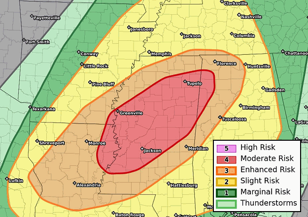 According to an outlook from the Storm Prediction Center (in Norman, OK), there was an enhanced to moderate risk of severe weather from Louisiana into southeast Arkansas, Mississippi, and northwest Alabama on 11/29/2022.