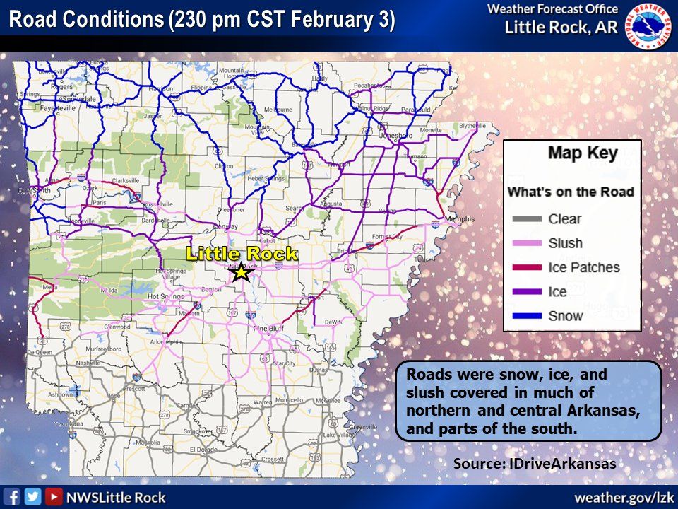 Road conditions on February 3rd from IdriveArkansas showed snowy conditions across northern Arkansas with ice covered roads elsewhere. 