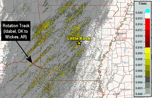Several rotation tracks were associated with severe storms moving from southwest to northeast across the western half of Arkansas during the evening of 11/04/2022.