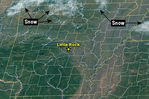 The satellite during the morning of 02/13/2024 showed where snow accumulated the day before in northern Arkansas.