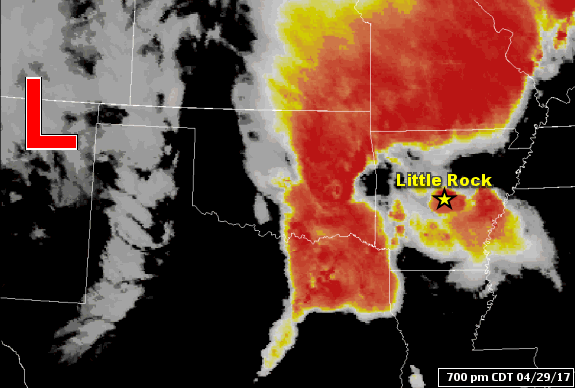 The satellite showed showers and thunderstorms slowly building into Arkansas from the north and west as a storm system ("L") edged toward the state during the evening of 04/29/2017.