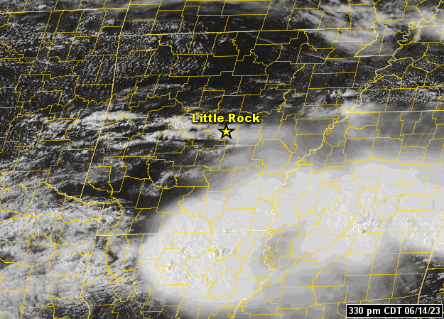 The satellite showed a large area of showers and thunderstorms exiting northern Louisiana, with a new batch of strong to severe thunderstorms erupting across the central third of Arkansas during the afternoon/early evening of 06/14/2023.