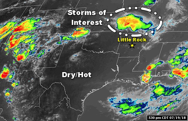 Dry/hot conditions and few clouds were noted from Arkansas to the southwest during the afternoon of 07/19/2018. This was due to high pressure building over the region. Clusters of thunderstorms were developing around the periphery of the high, with one cluster nearby in southwest Missouri.