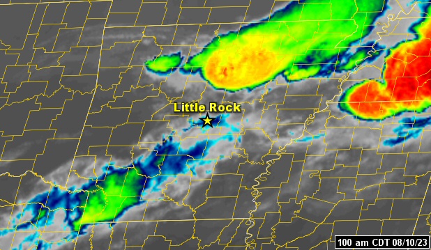The satellite showed thunderstorms persisting for hours over the same areas of northeast Arkansas early on 08/10/2023. This led to heavy to excessive rain.