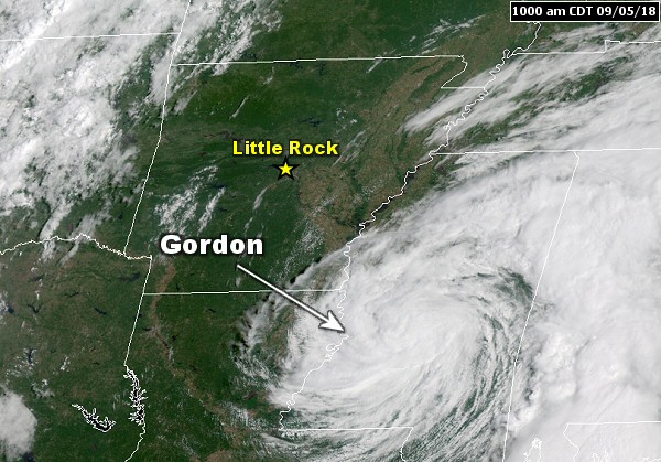 The satellite clearly showed the remnants of Tropical Storm Gordon approaching Arkansas from the southeast at 1000 am CDT on 09/05/2018.