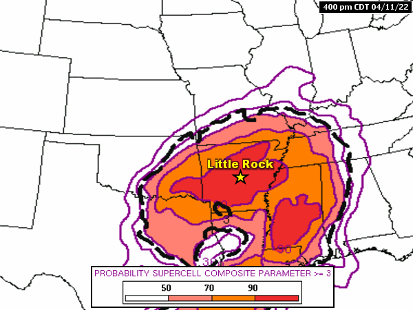 According to this model, probabilities of supercells (storms with rotating updrafts)/severe weather were high across the middle of the country on April 11-13, 2022.