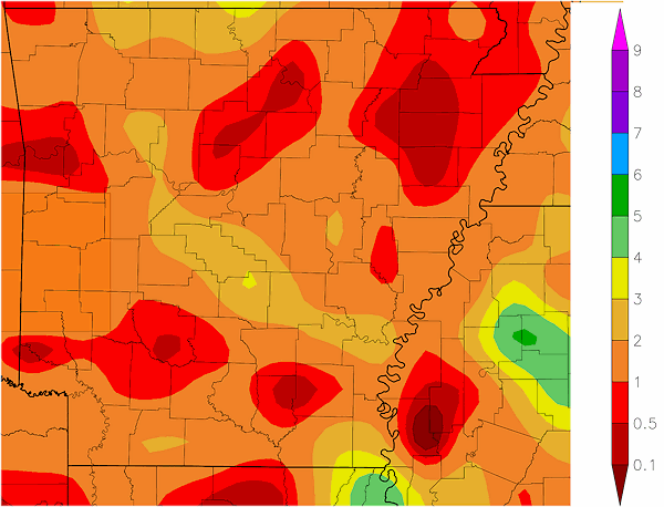 Precipitation across Arkansas.