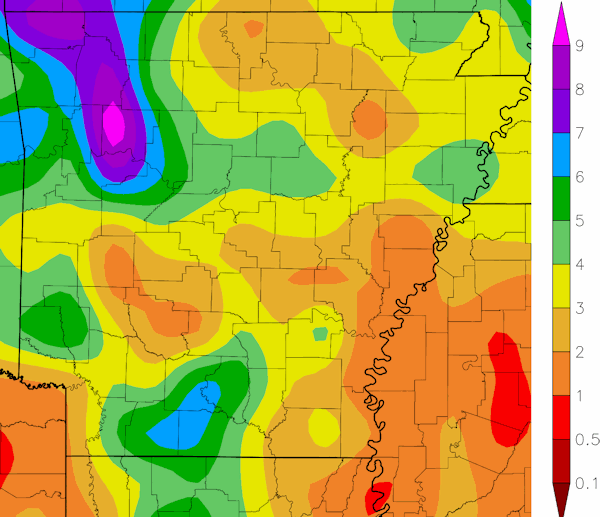 Precipitation across Arkansas.