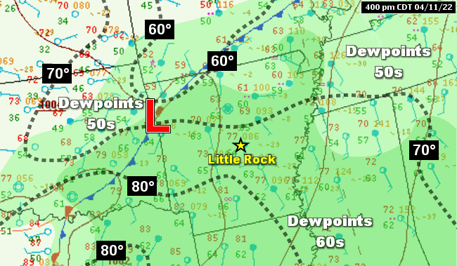 The surface map showed a large temperature (dashed lines) contrast across a front and near a storm system ("L") in northeast Oklahoma at 400 pm CDT on 04/11/2022. Readings were in the 50s from southern Missouri into northwest Arkansas, with 80s incoming from the southwest. This created an unstable environment which helped trigger thunderstorms. Moisture levels were on the rise, with dewpoints (shaded) in the lower to mid 60s across much of the region. This fueled thunderstorms as they developed.