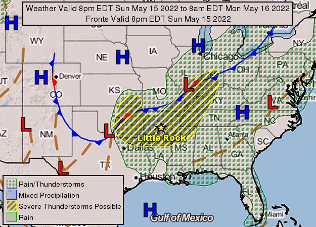 A cold front approached Arkansas from the north on 05/15/2022. Ahead of the front, severe weather was likely across the state.