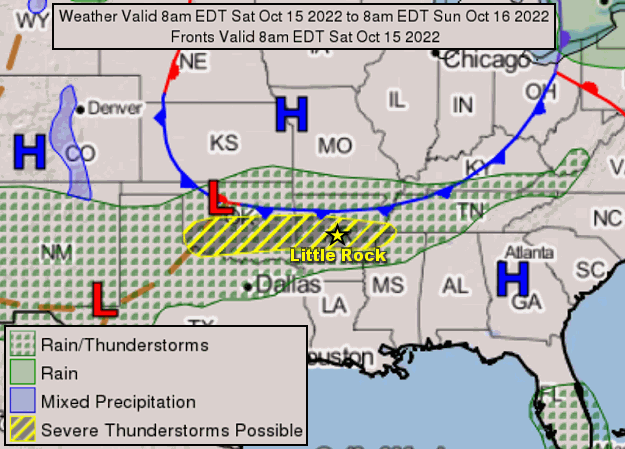 A cold front was set to push through Arkansas from the north on 10/15/2022. Severe weather was expected along and ahead of the front.