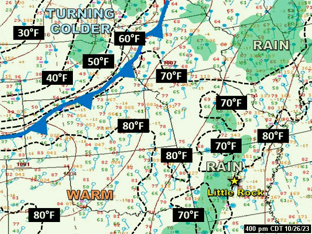 A cold front barreled toward Arkansas from the Plains at 400 pm CDT on 10/26/2023. Isolated to scattered showers were found ahead of the front. While temperatures were warm across Arkansas (lower to mid 80s in parts of the state), much colder air followed the front.