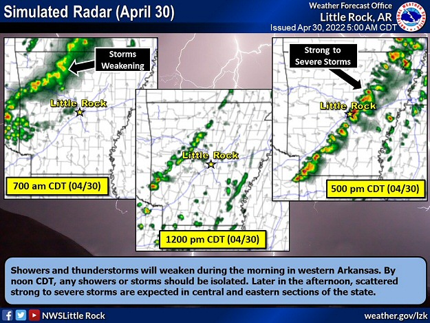 Simulated radar images showed showers and thunderstorms weakening in western Arkansas ahead of a cold front during the morning of 04/30/2022. Scattered strong to severe storms were expected to redevelop in afternoon in central and eastern sections of the state. The data is courtesy of the College of DuPage.