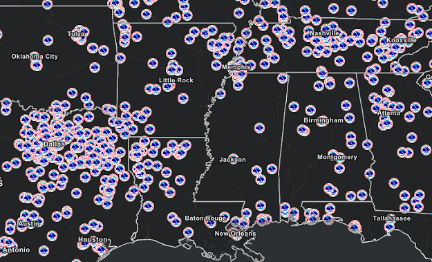 Spotters in Arkansas and surrounding states during Skywarn™ Recognition Day, 2022 (plotted on a map as of 1000 am CST on 12/03/2022).