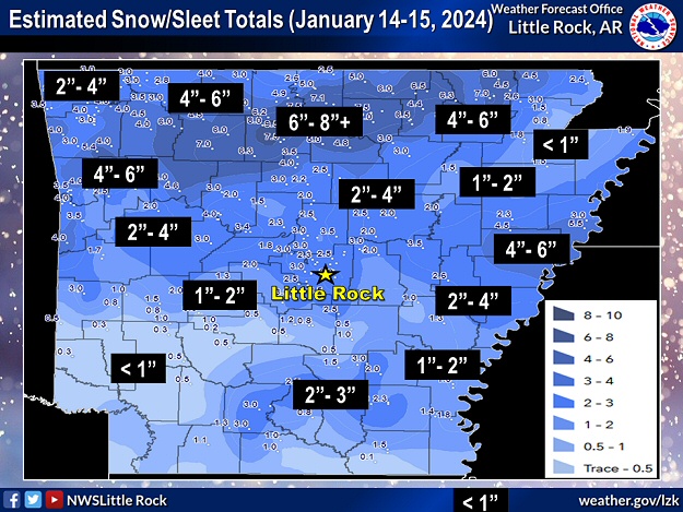 Estimated snow and sleet accumulations on January 14-15, 2024.