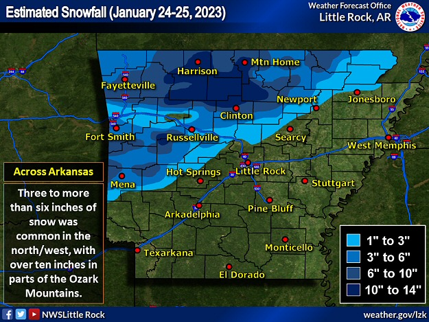 Three to more than six inch snow accumulations were common in northern and western Arkansas on January 24-25, 2023. Parts of the Ozark Mountains received over ten inches of snow.