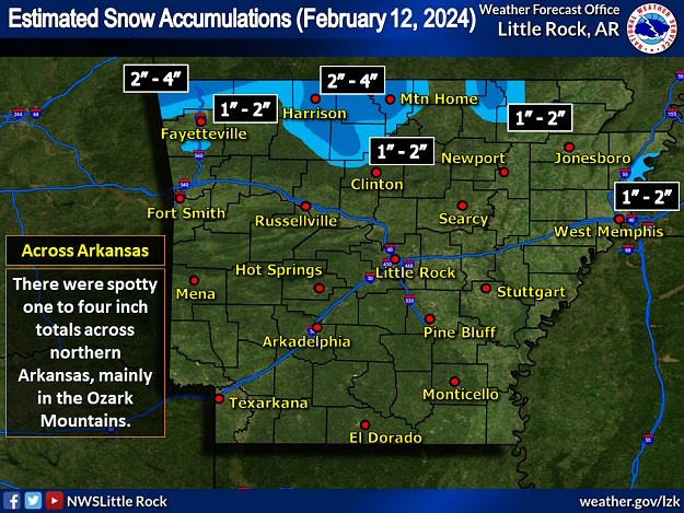 One to as much as four inches of snow accumulated in portions of northern Arkansas (mainly the Ozark Mountains) on 02/12/2024.
