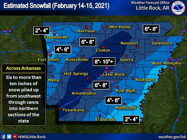 Estimated snowfall and liquid precipitation for the events (two of them) on February 14-18, 2021.