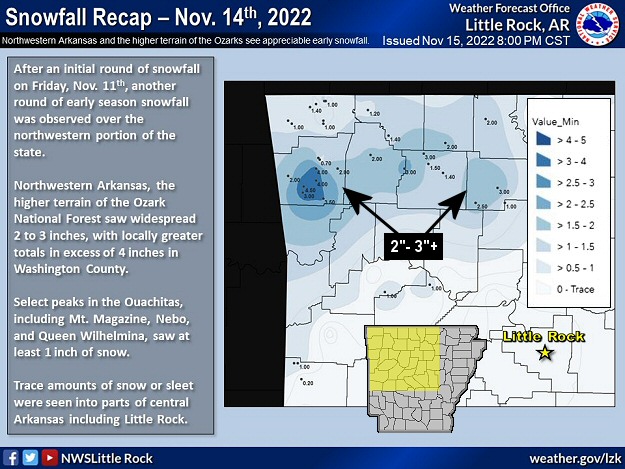 The higher elevations of the Ozark Mountains received two to more than three inches of snow during the evening of 11/14/2022.