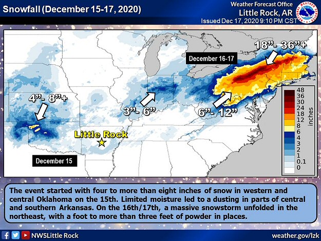 The storm system that brought four to eight inches of snow to Oklahoma on 12/15/2020 and three to six inches of snow to Indiana the next day unleashed one to more than three feet of powder in parts of the northeast.