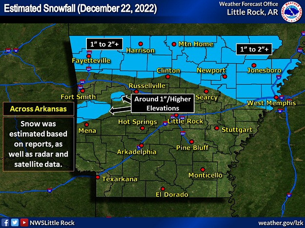 One to more than two inches of snow was reported in northern/eastern Arkansas on 12/22/2022.