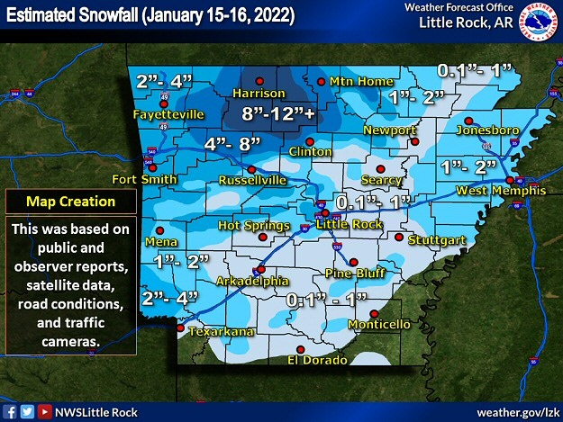 Snow accumulations in the twenty four hour period ending at 600 am CST on 01/16/2022. The heaviest snow (8 to more than 12 inches) was in the Ozark Mountains, especially in Boone, Marion, Newton, and Searcy Counties.