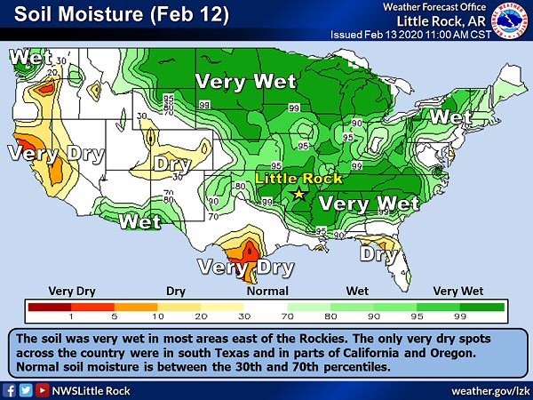 The soil was very wet (well above normal moisture) in many areas east of the Rockies on 02/12/2020.