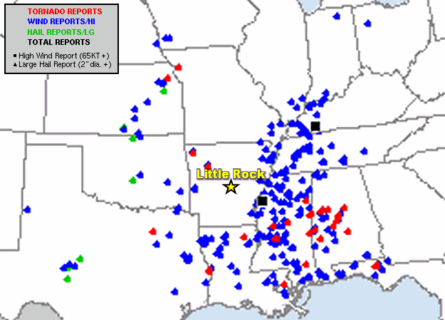 Severe weather reports in the forty eight hour period ending at 700 am CDT on 03/31/2022. The graphic is courtesy of the Storm Prediction Center.