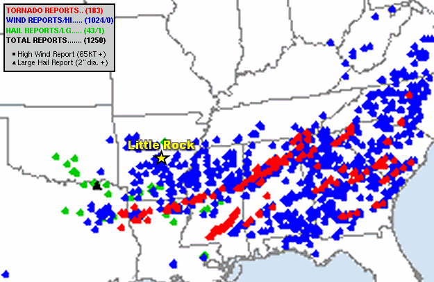 Severe weather reports in the twenty four hour period ending at 700 am CDT on 04/13/2020. There were more than 1,000 instances of wind damage and at least 130 tornadoes. The graphic is courtesy of the Storm Prediction Center.