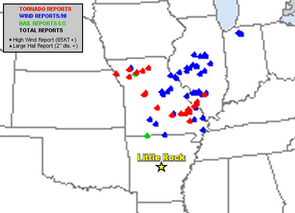 Storm reports collected by the Storm Prediction Center on October 24th indicated widespread  damaging wind and tornado reports across Missouri and Illinois. 