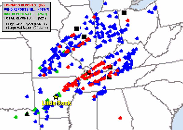 Severe weather reports in the twenty four hour period ending at 600 am CST on 12/11/2021. The graphic is courtesy of the Storm Prediction Center.