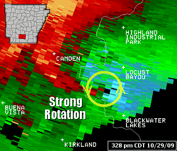 The WSR-88D (Doppler Weather Radar) showed strong rotation and a possible tornado approaching areas between Camden (Ouachita County) and Locust Bayou (Calhoun County) at 328 pm CDT on 10/29/2009.